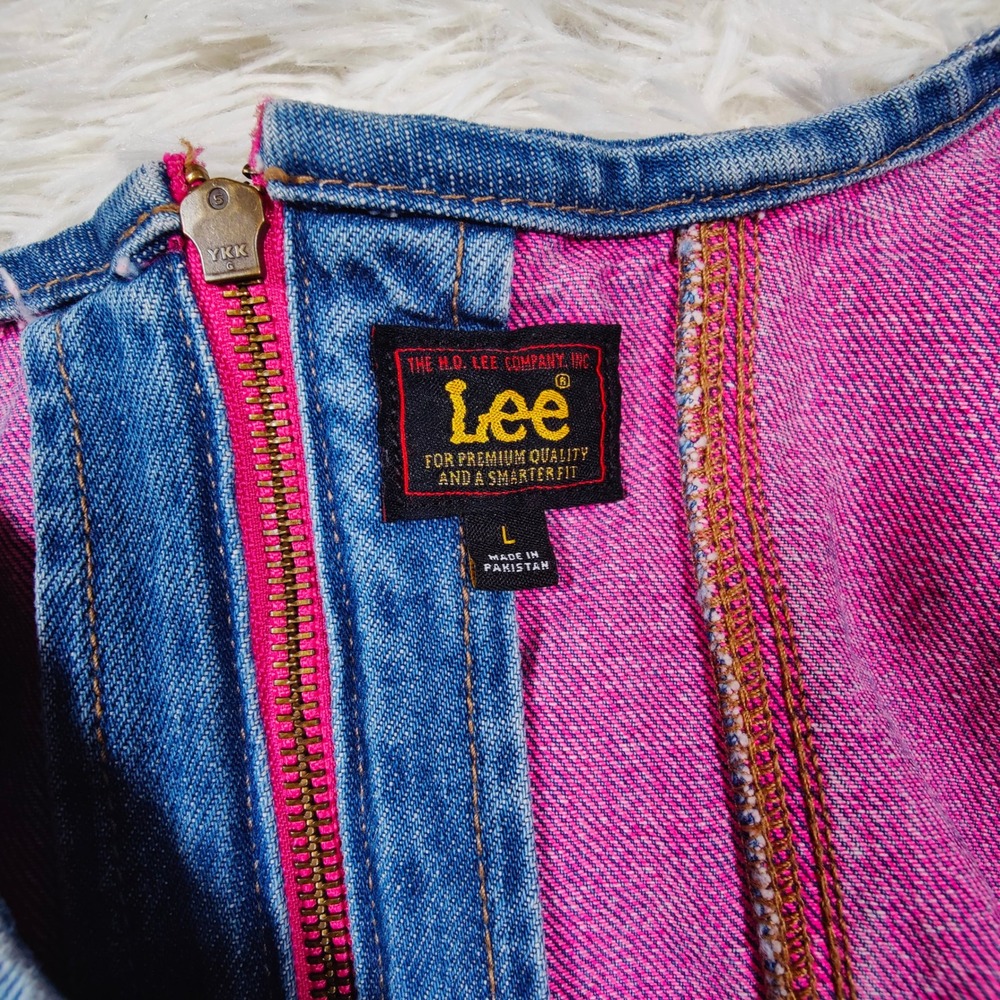 Vintage 90s Lee Denim Corset Bustier Crop Top Pink Frayed Trim Festival Large - Picture 3 of 5
